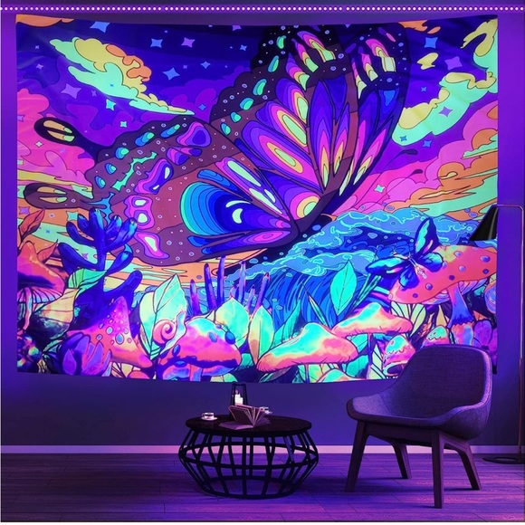 Vibrant Psychedelic Butterfly Tapestry – UV/Black Light Reactive, 60"x50" - Picture 2 of 7